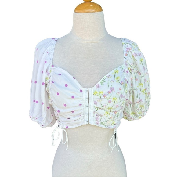 For Love & Lemons Strudel Floral Blouse Puff Sleeve Polka Dot Cropped Smocked LG - Picture 2 of 13